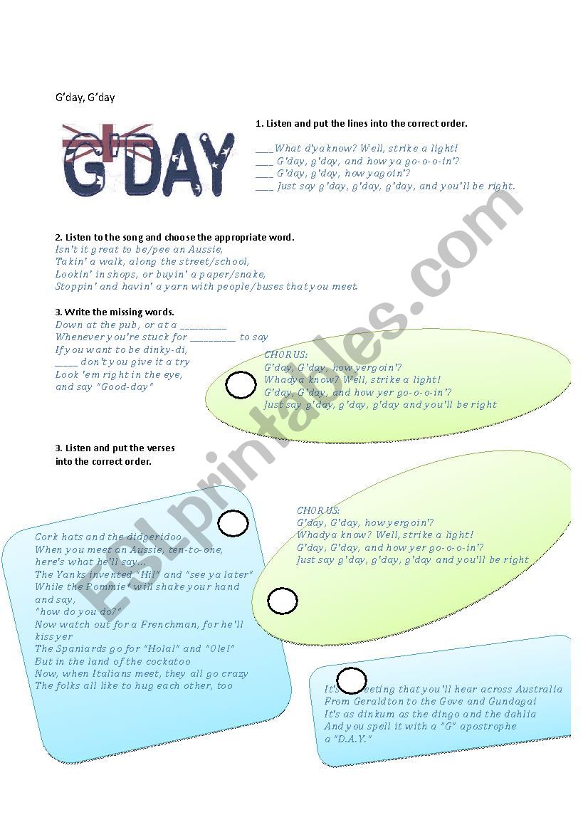 Gday, Gday song worksheet worksheet