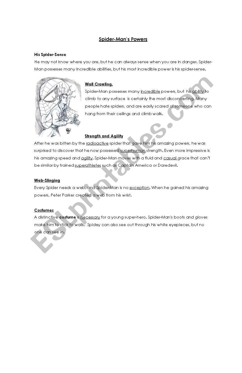 SpidermanÂ´s powers worksheet