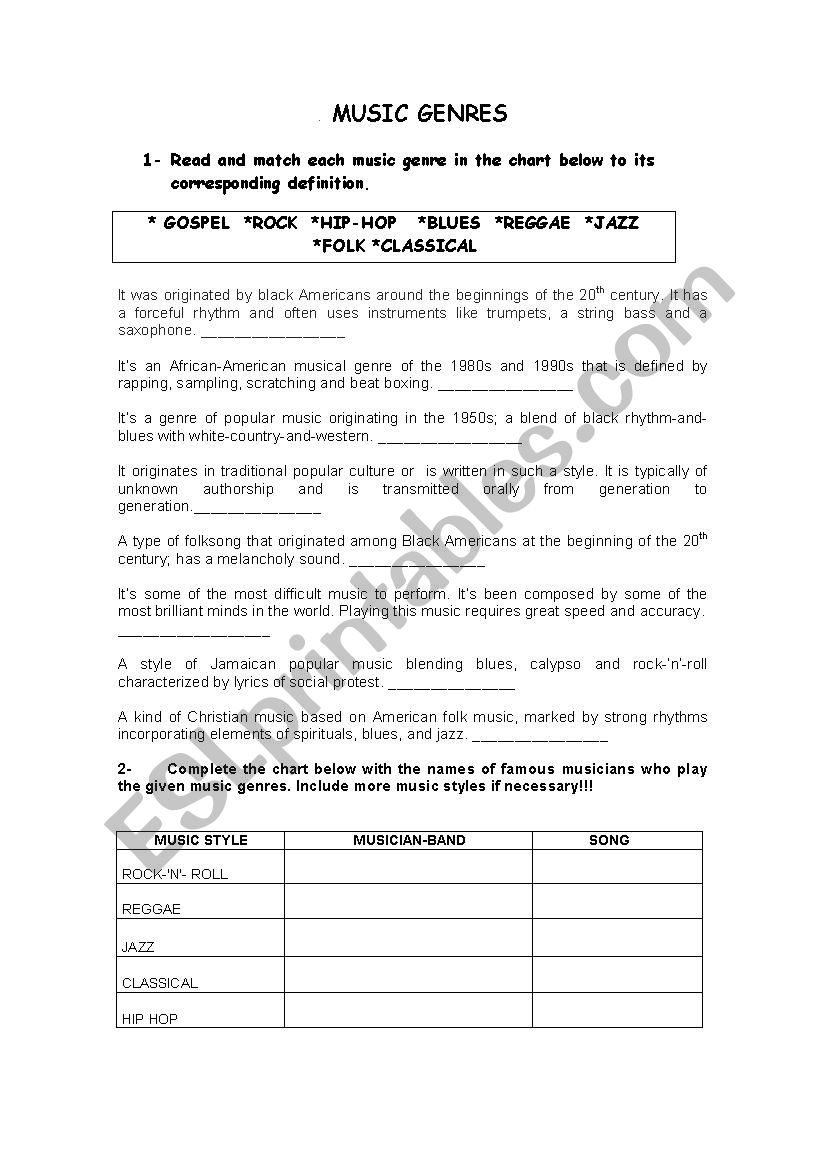 MUSIC GENRES worksheet