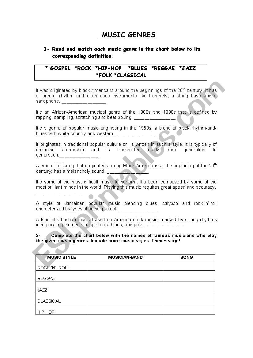MUSIC GENRES ESL Worksheet By Raparila