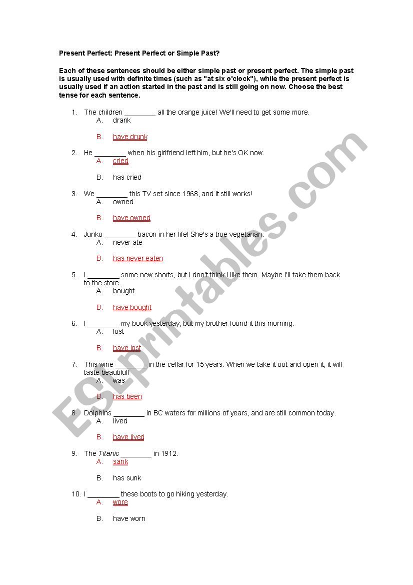 present perfecto worksheet