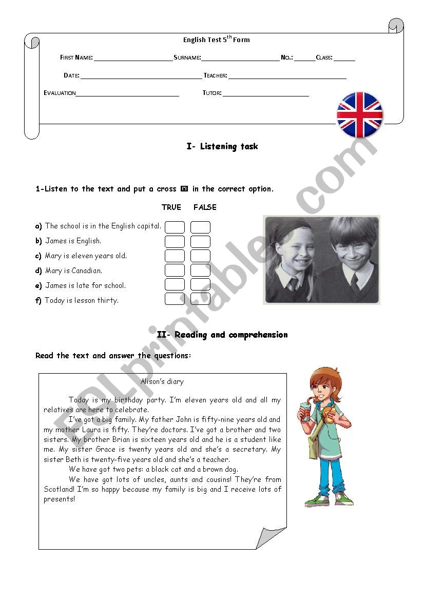 Test 5th Grade Part 1 worksheet