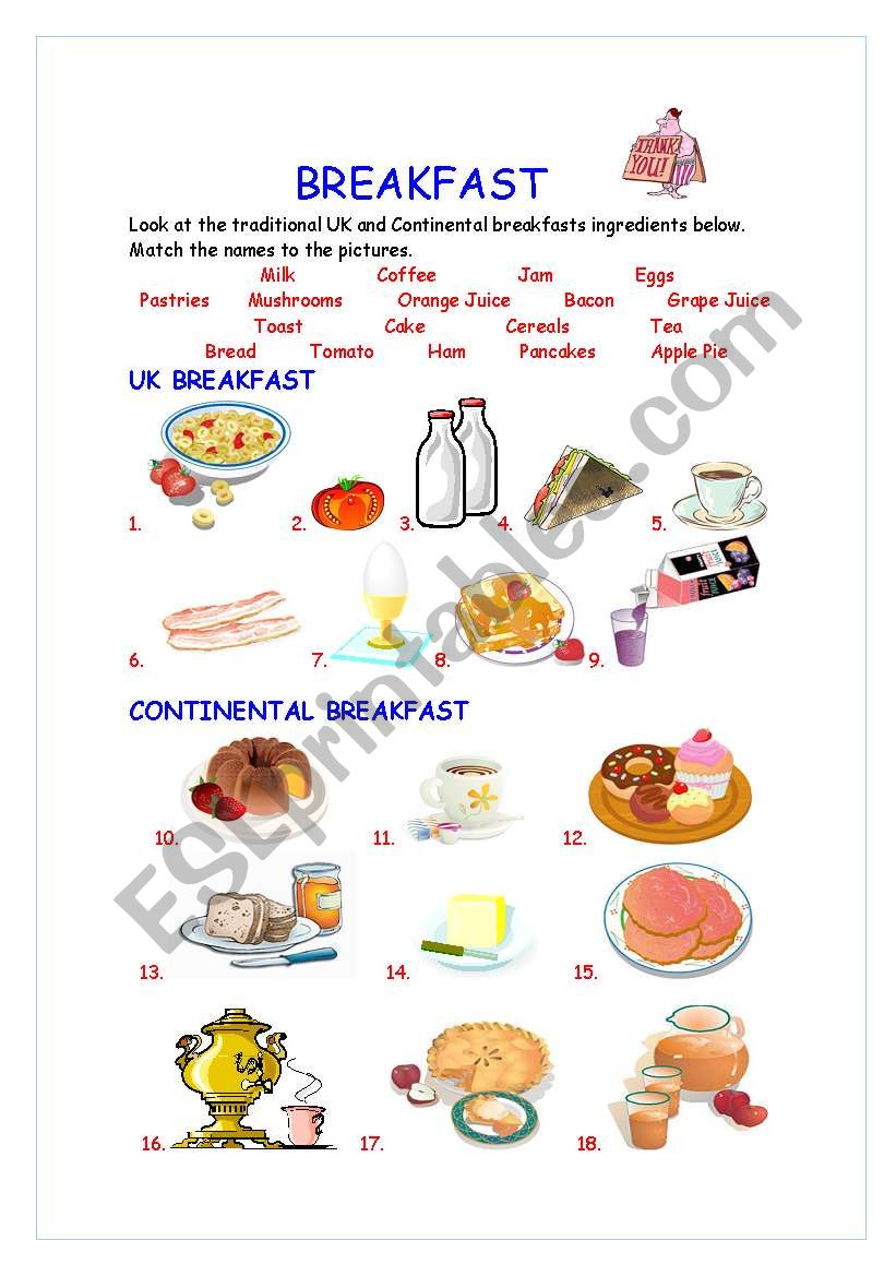 UK and Continental Brkfast worksheet