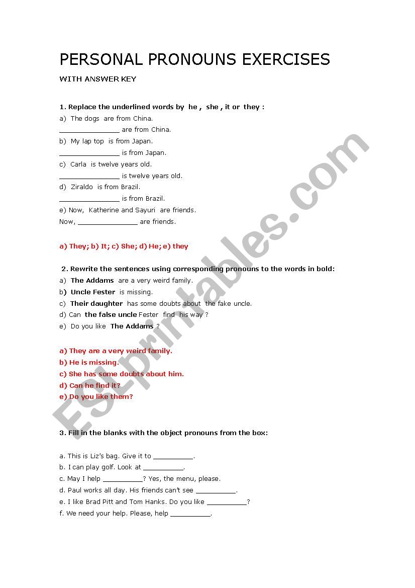 Personal Pronouns (answer key)