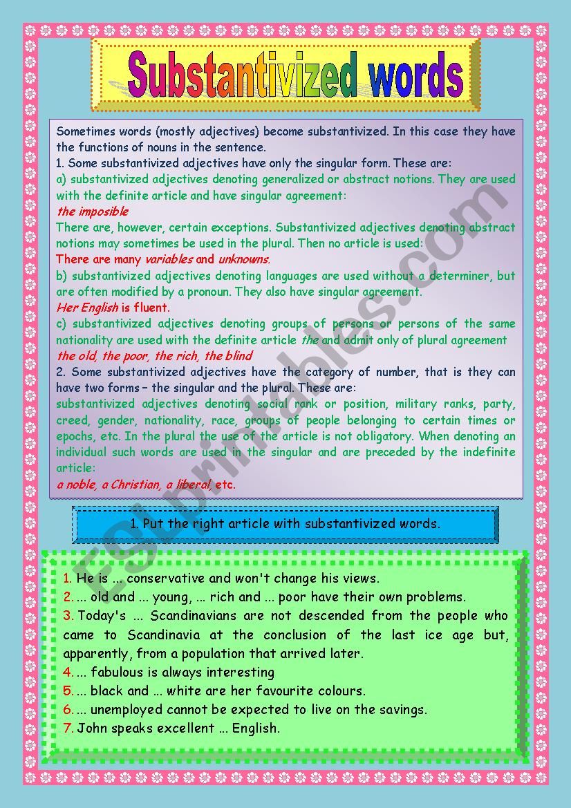 Substantivized words worksheet