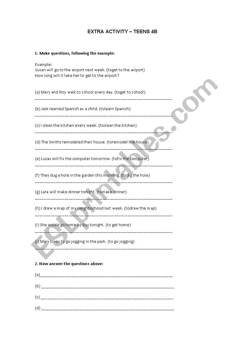 Extra activitities worksheet