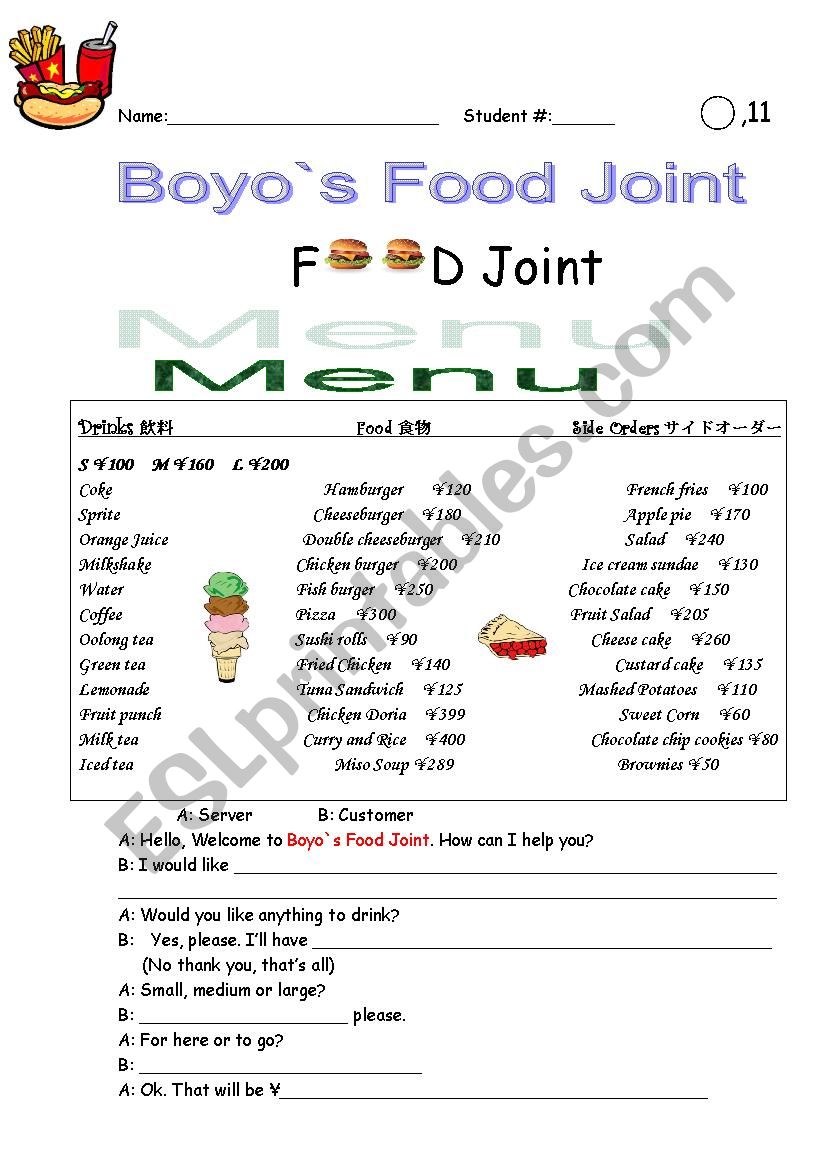 eating out/ordering food worksheet