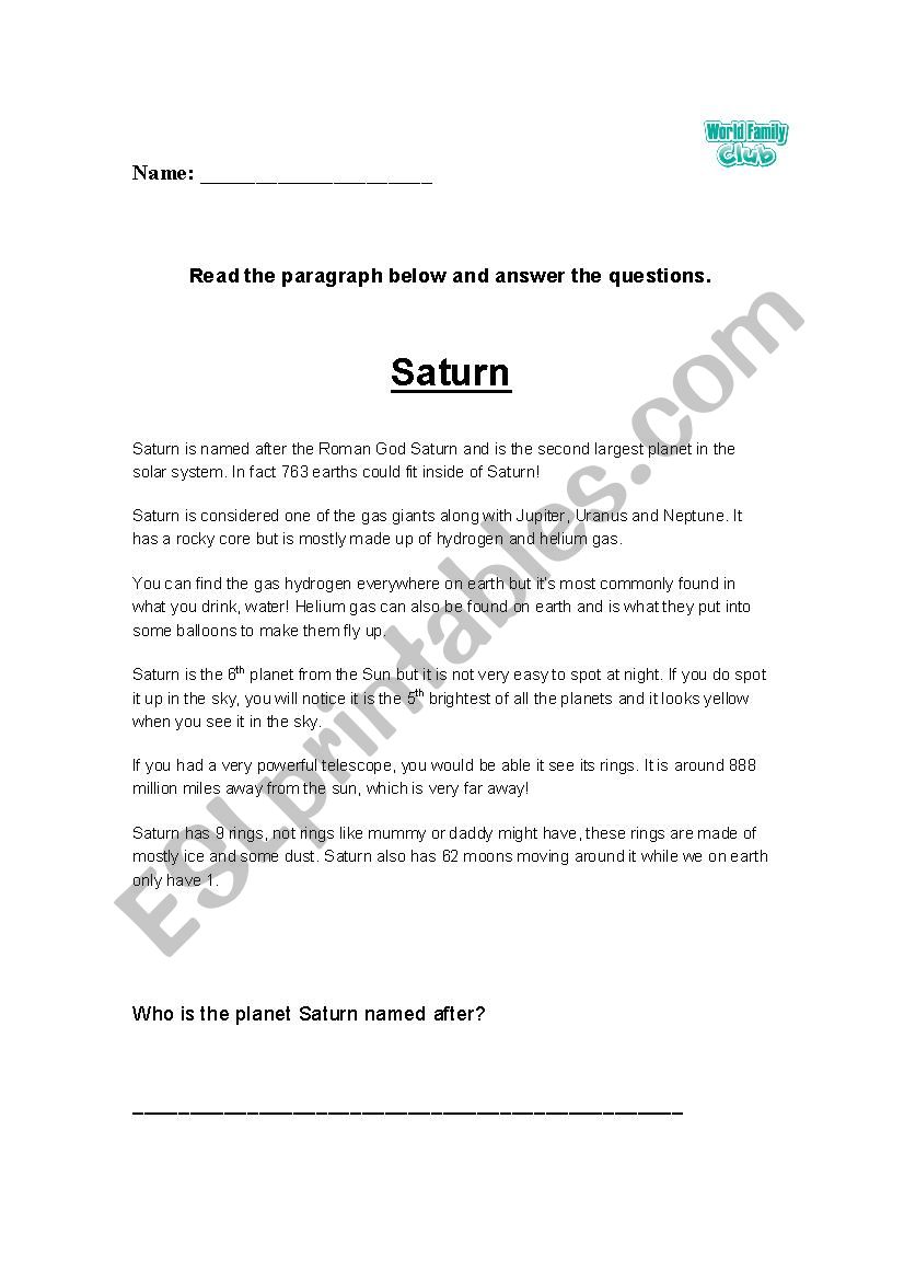 Planet Saturns reading comprehension with questinos