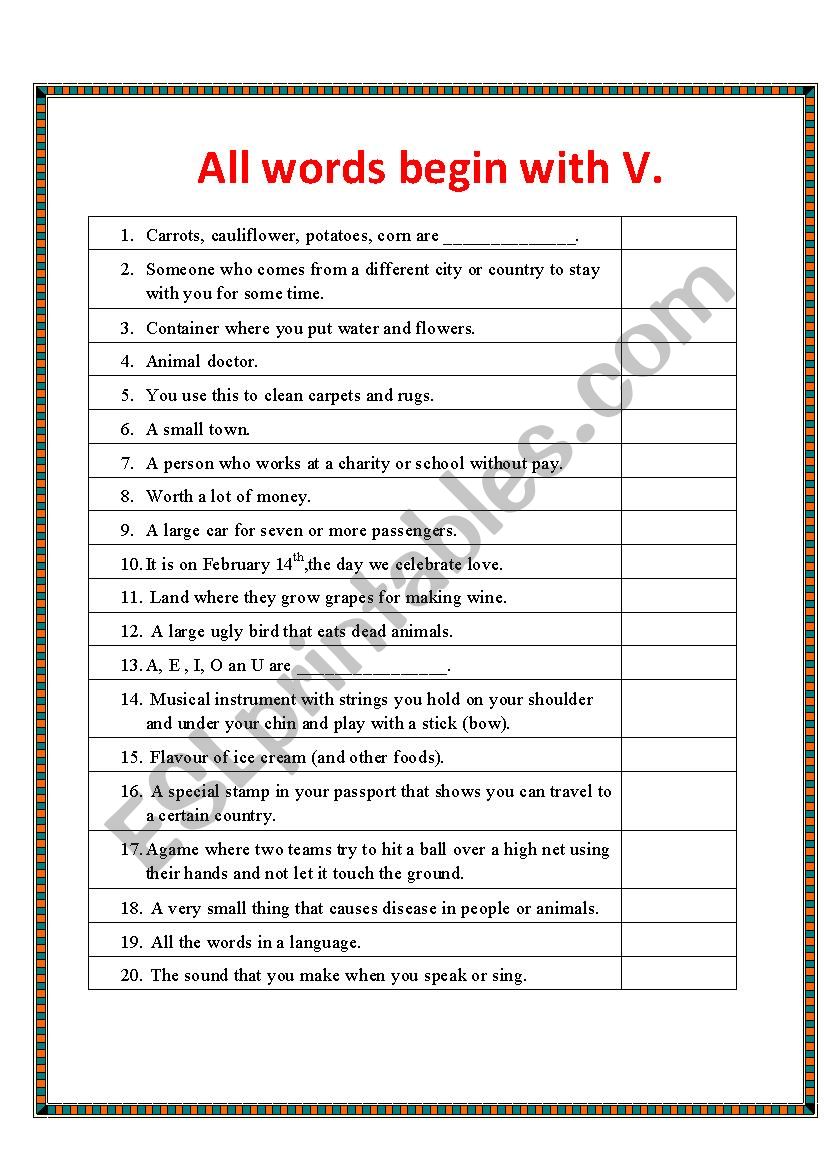 All words begin with V worksheet