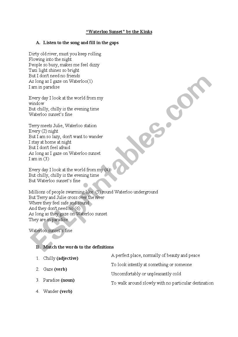 Song Worksheet - Waterloo Sunset by The Kinks