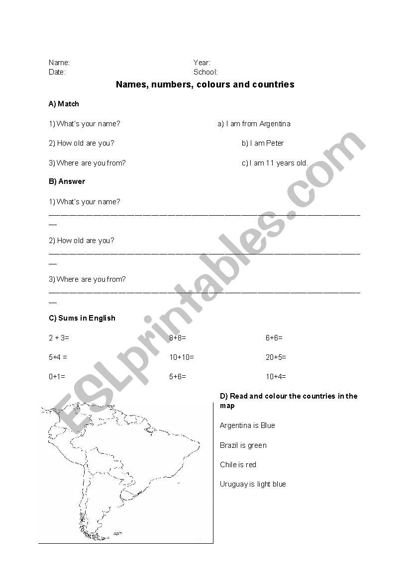 Names, age and countries worksheet