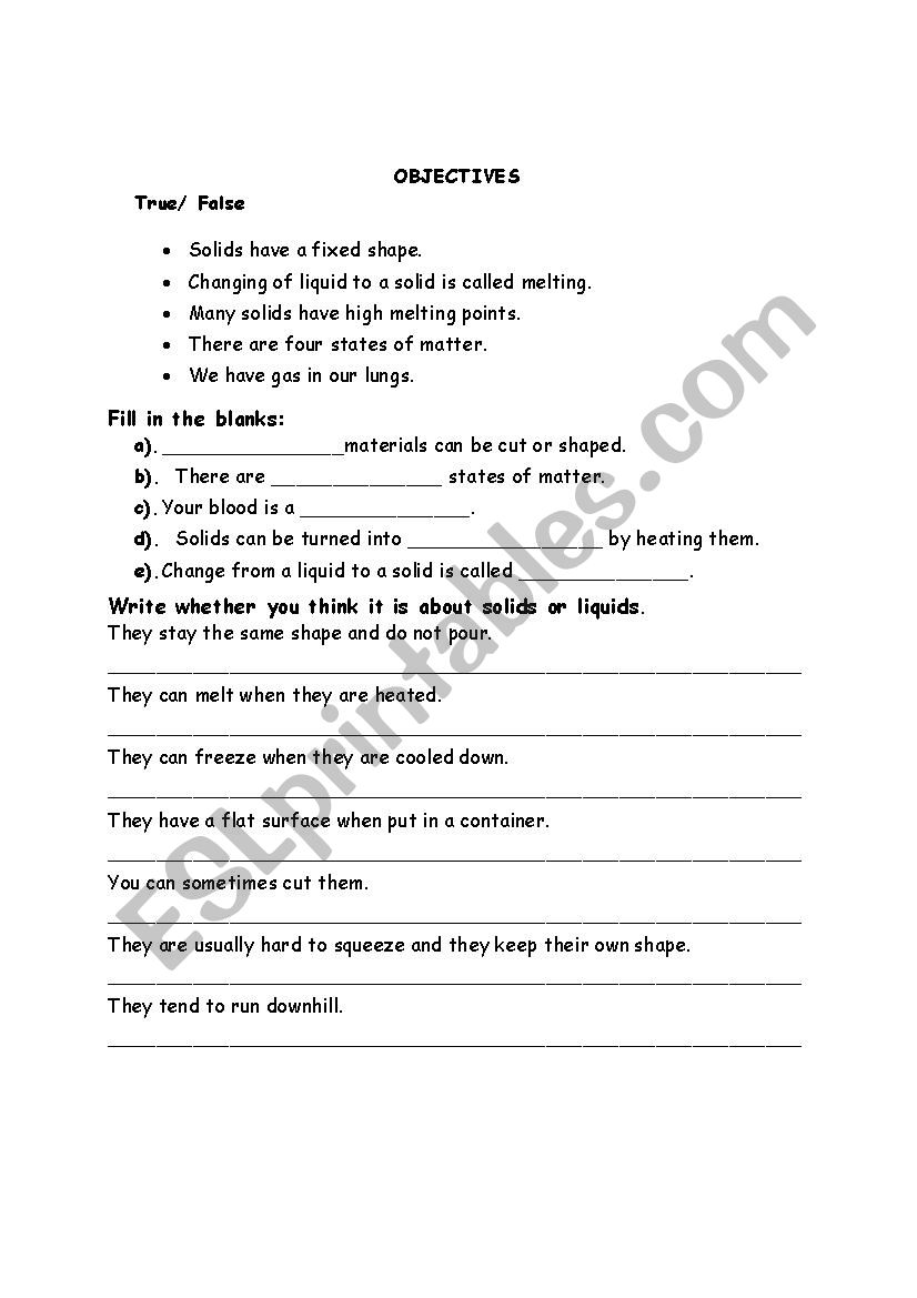 Stataes of matter  worksheet