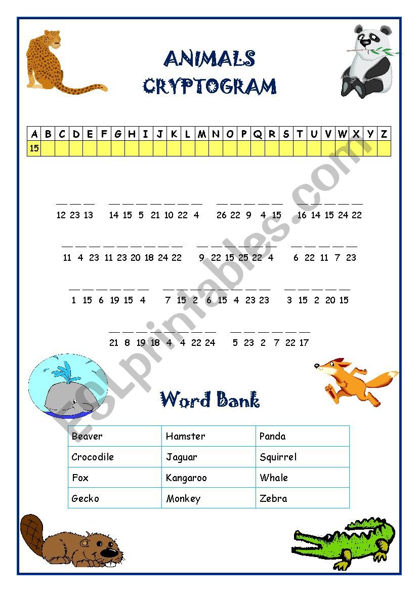 Animals Cryptogram worksheet
