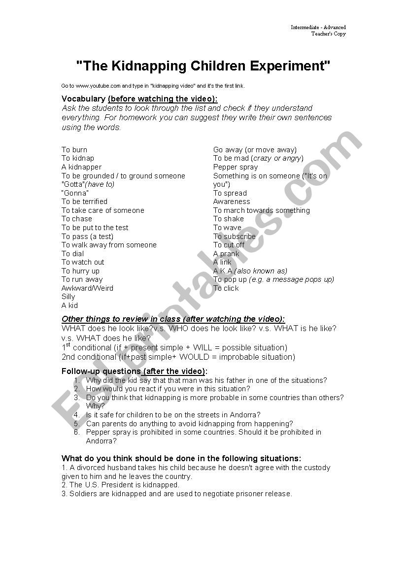 Kidnapping video! Speaking & listening activity