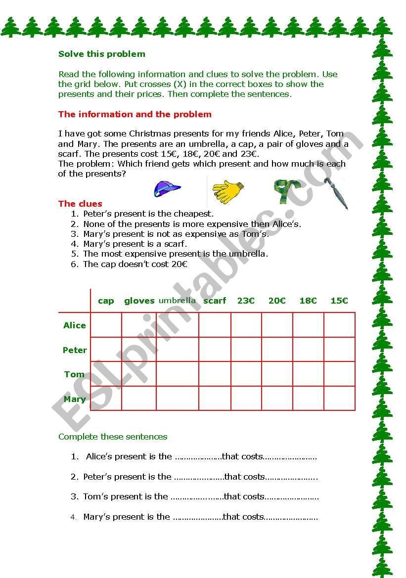 Christmas problem worksheet