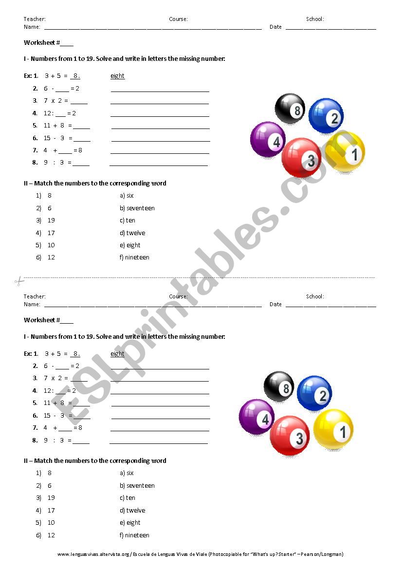 NUMBERS 1-19 worksheet