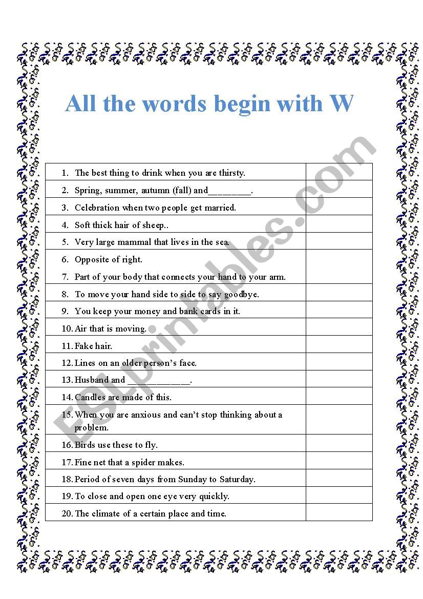 All words begin with W worksheet