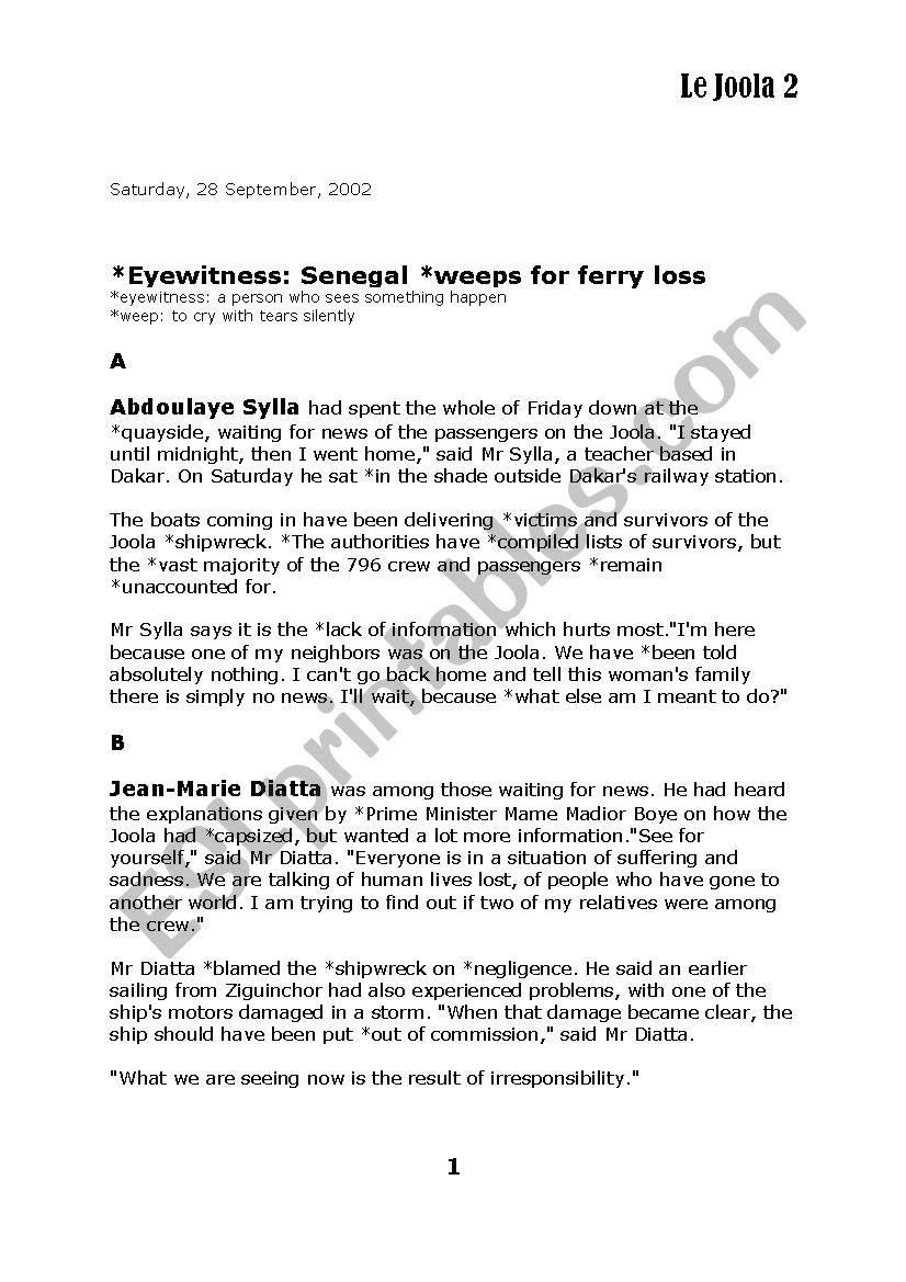 Le Joola under the sea 2 worksheet