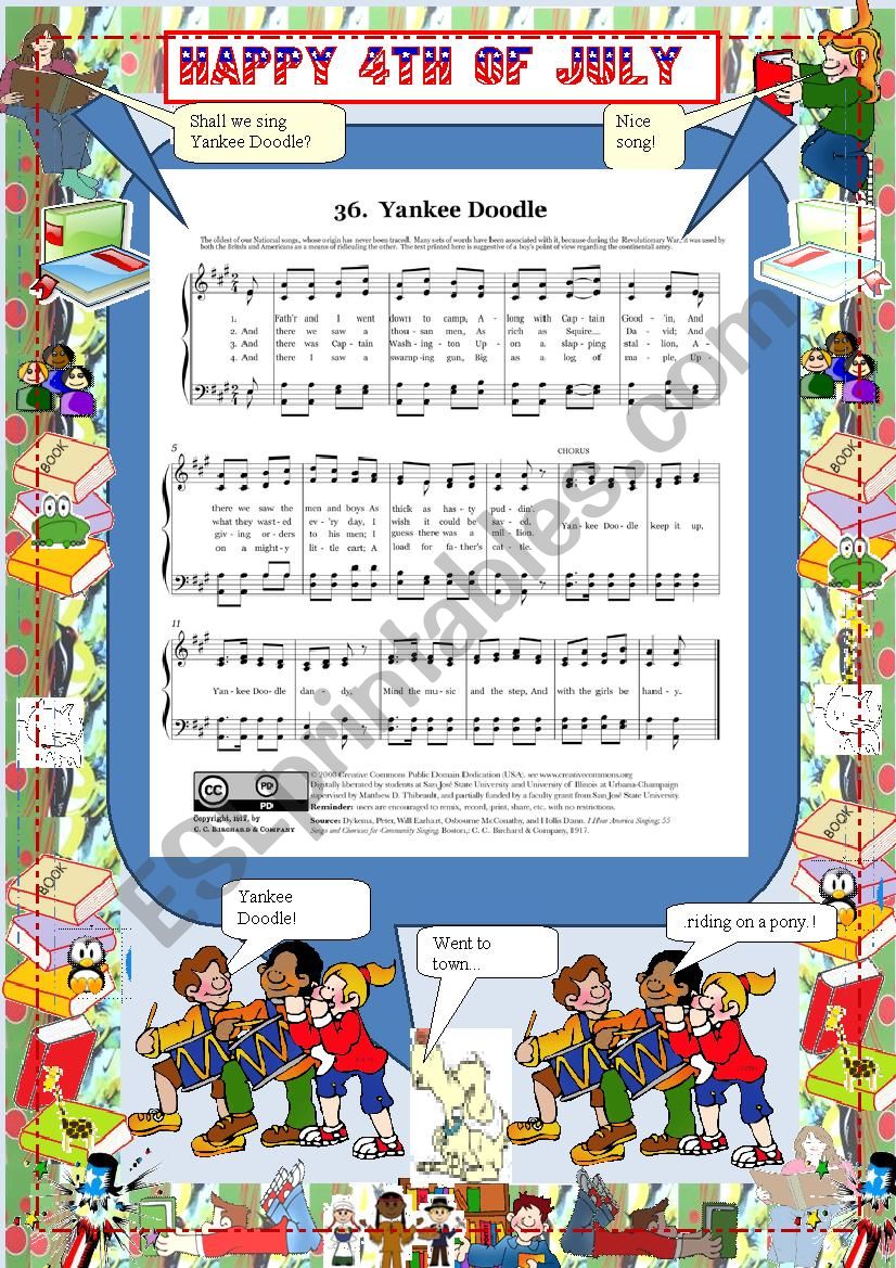 Song for the 4th of July--Yankee Doodle with comprehension questions