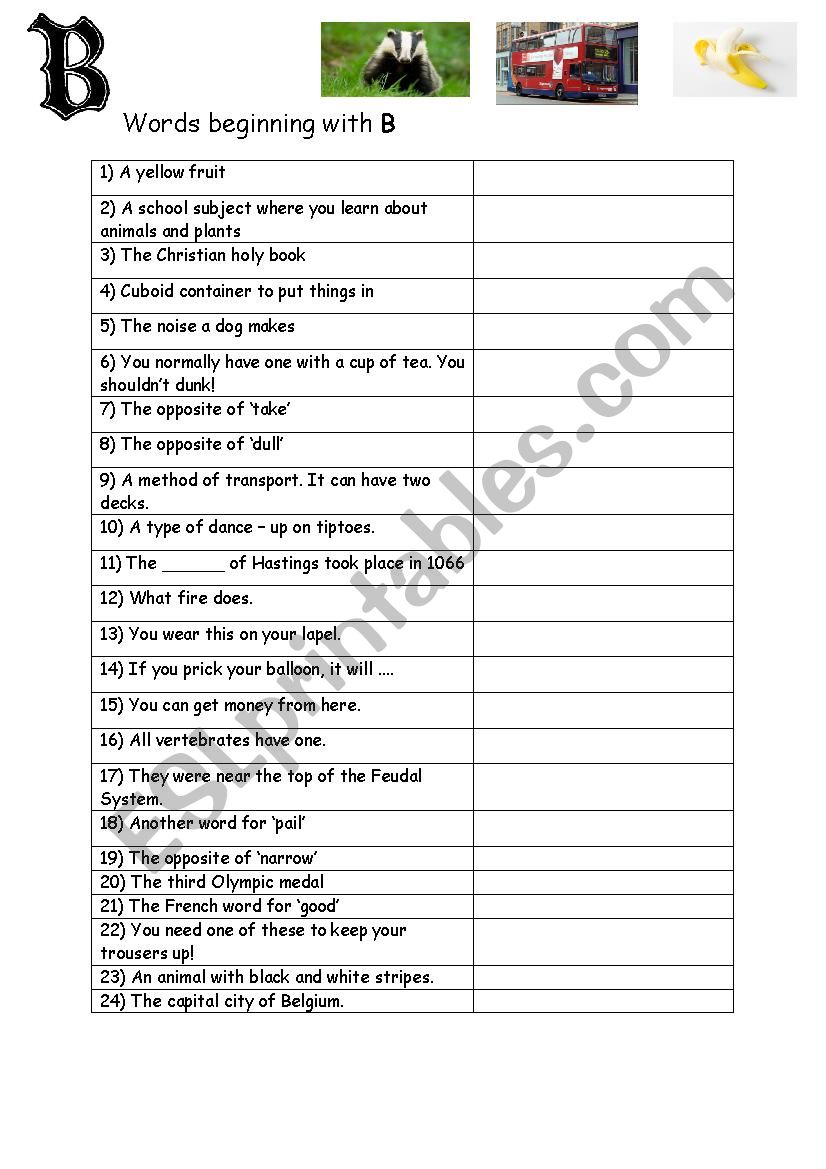 Words beginning with B - ESL worksheet by cunliffe