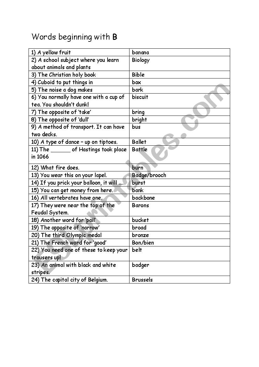 Words beginning with B - ESL worksheet by cunliffe