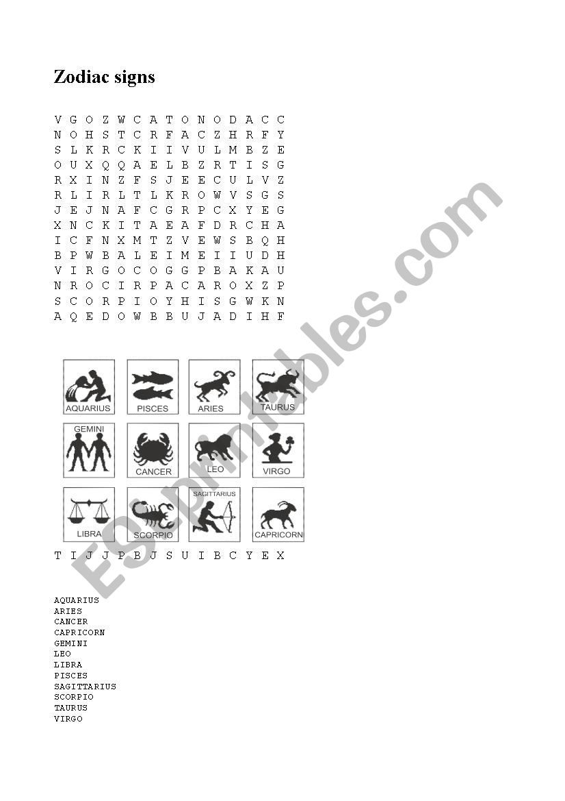 Zodiac Signs- wordsearch worksheet