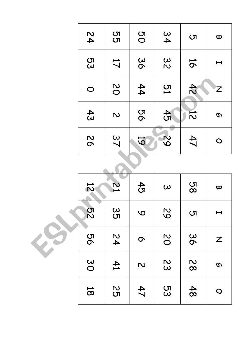 Numbers 1-50 Bingo Cards worksheet