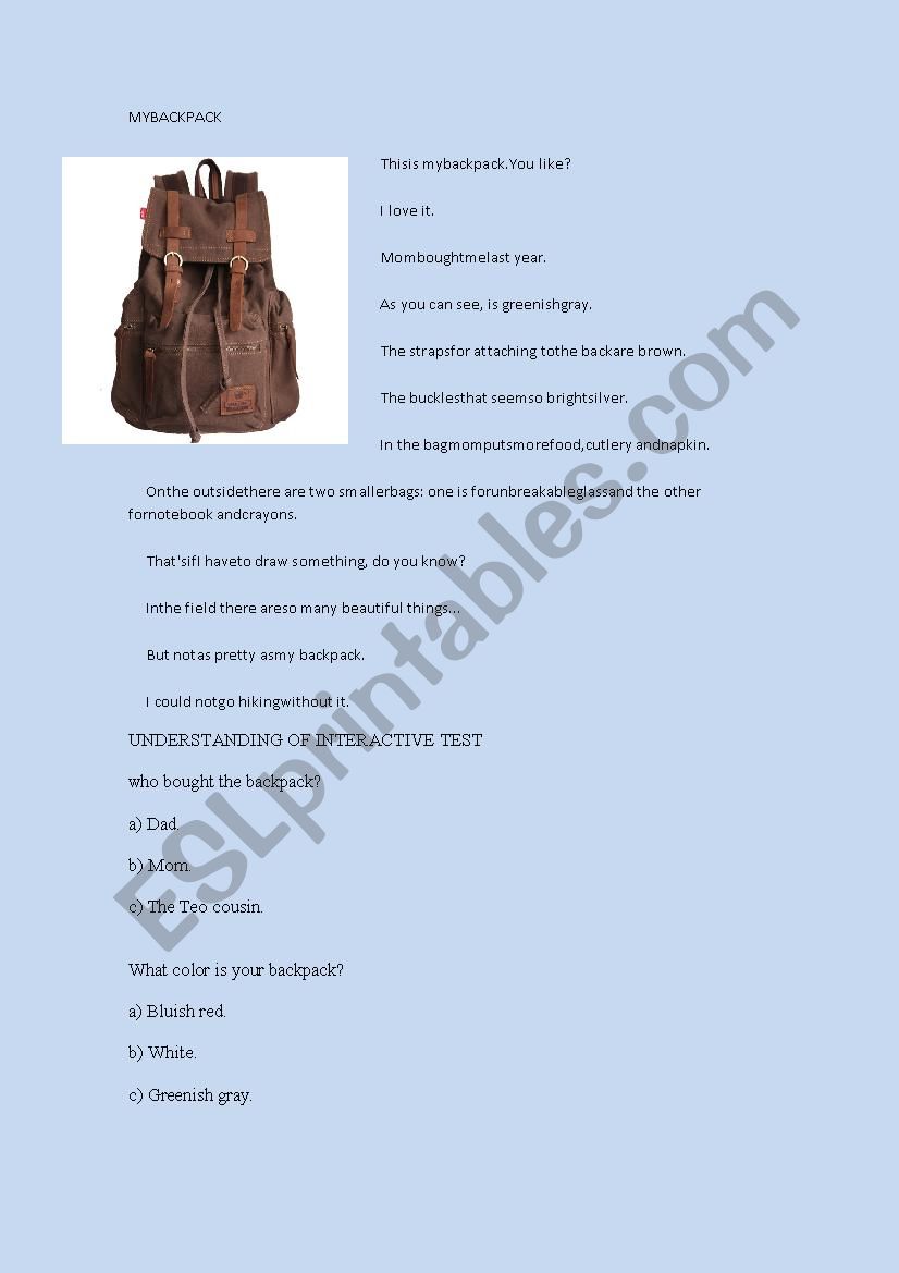 MY BACK PACK worksheet