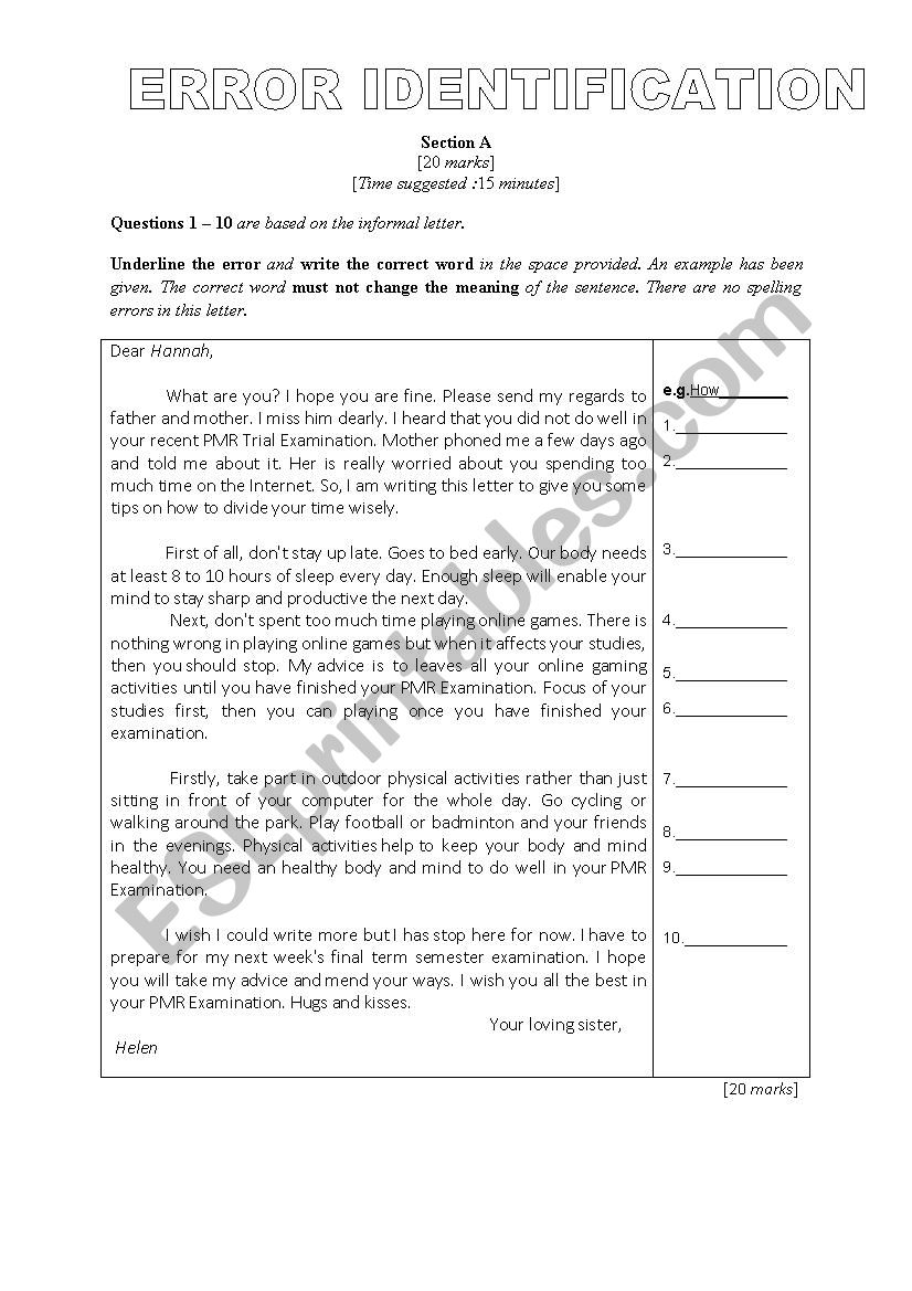 ERROR IDENTIFICATION worksheet