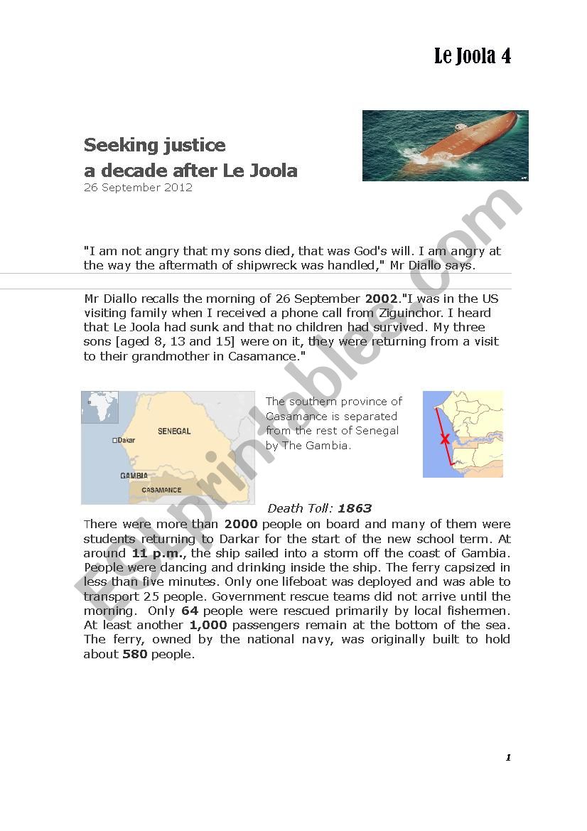 Le Joola under the sea 4 worksheet