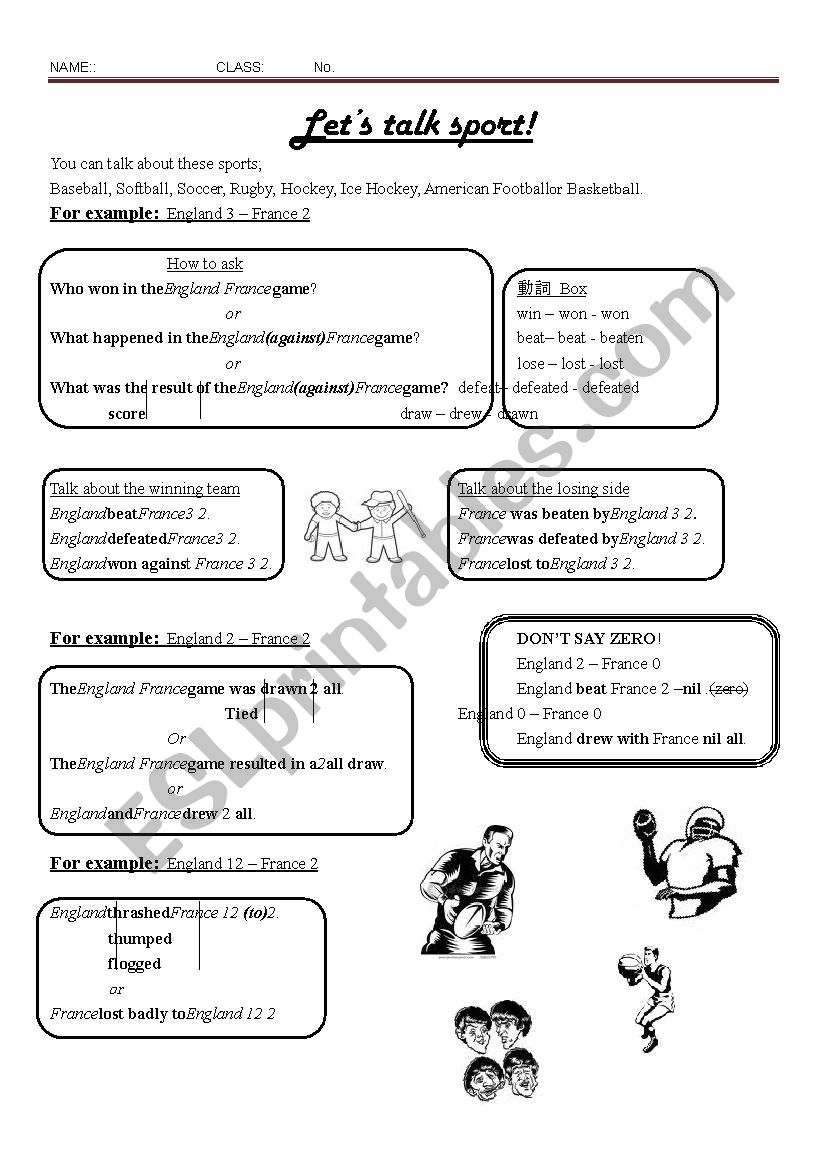 How to say sports scores worksheet