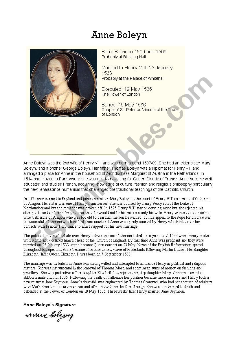 Anne Boleyn worksheet