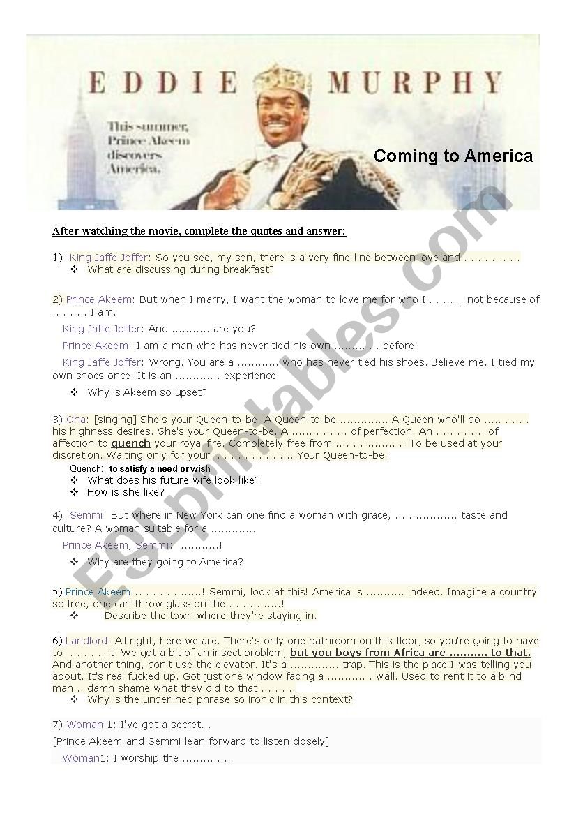 Coming to America worksheet