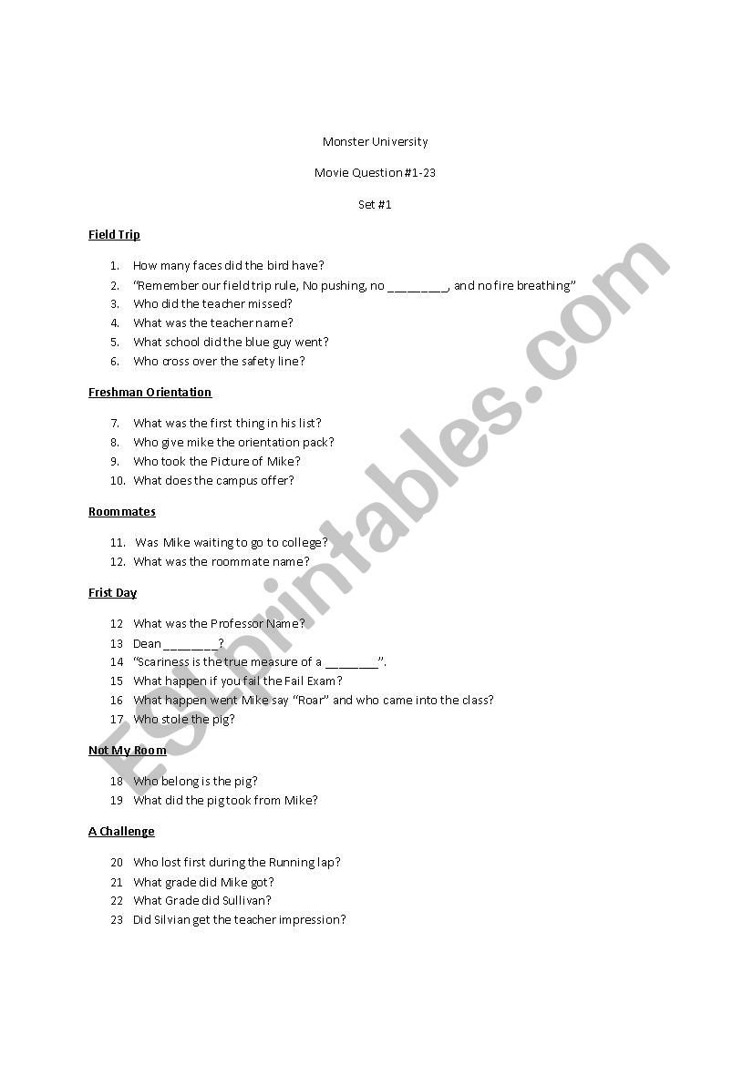 Monster University #1-24 worksheet