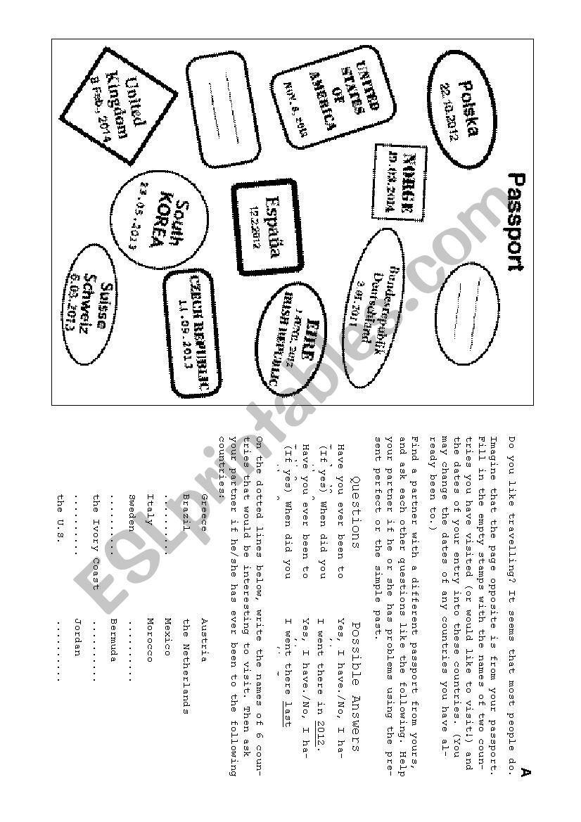 Present Perfect Passports worksheet