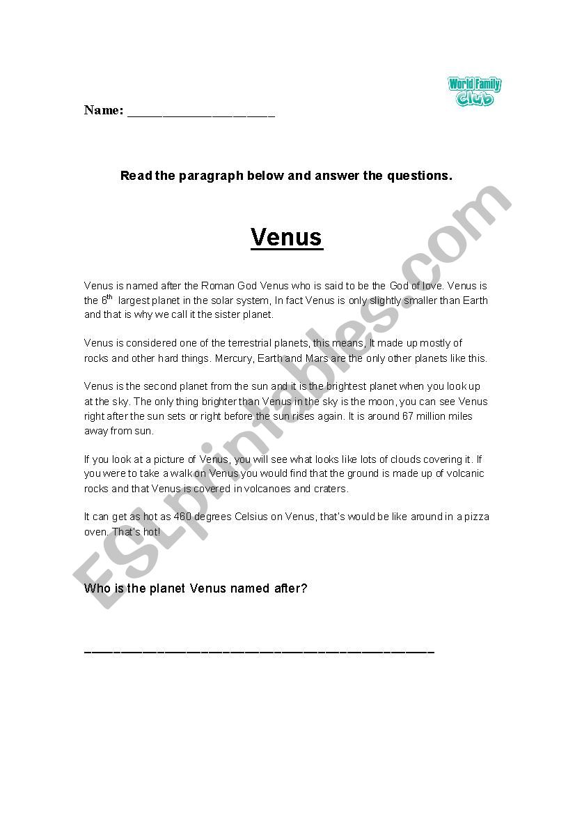 Planet Venus reading comprehension with questions