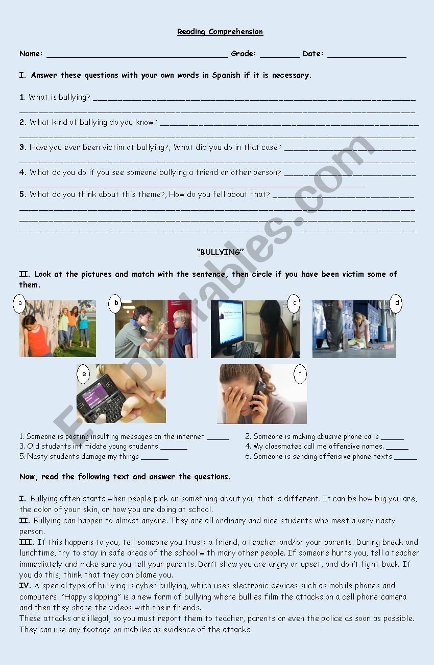 Bullying worksheet