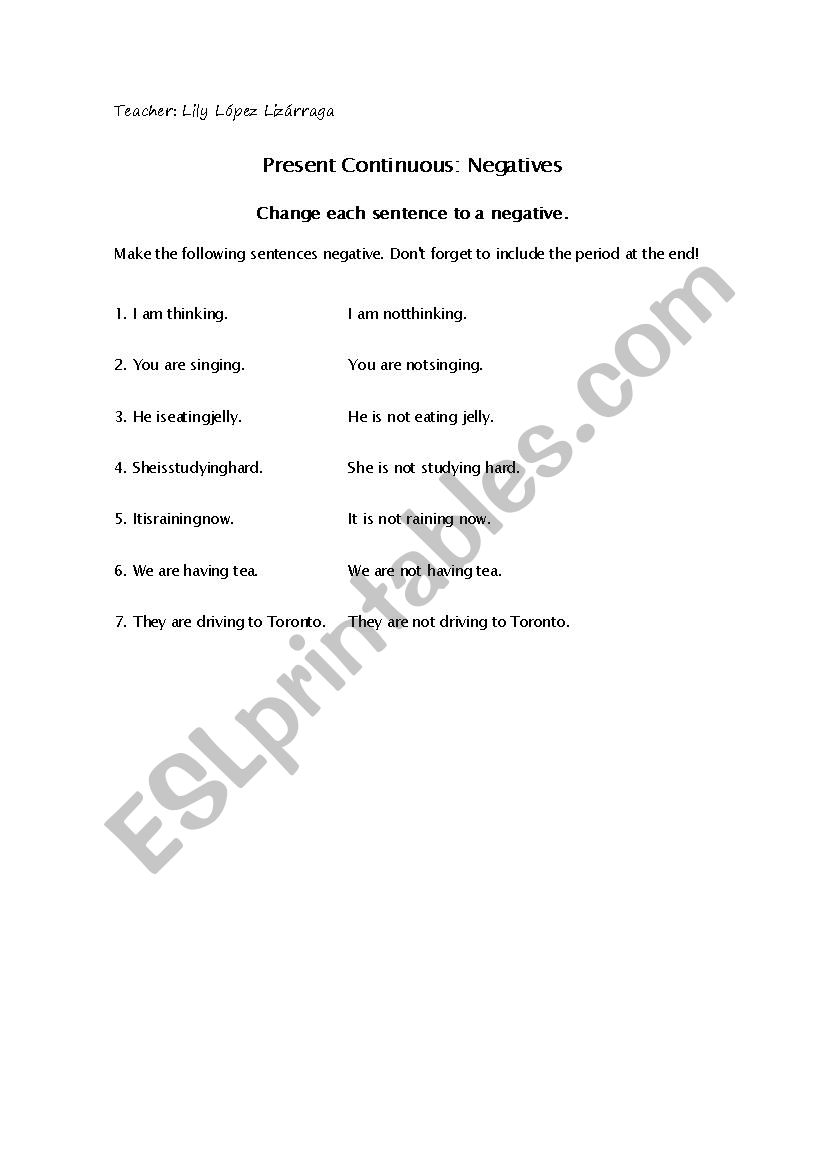 Present Continuous Negatives worksheet