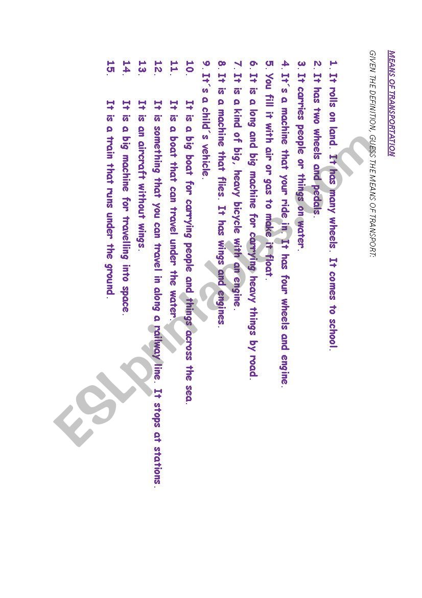 means of transportation worksheet