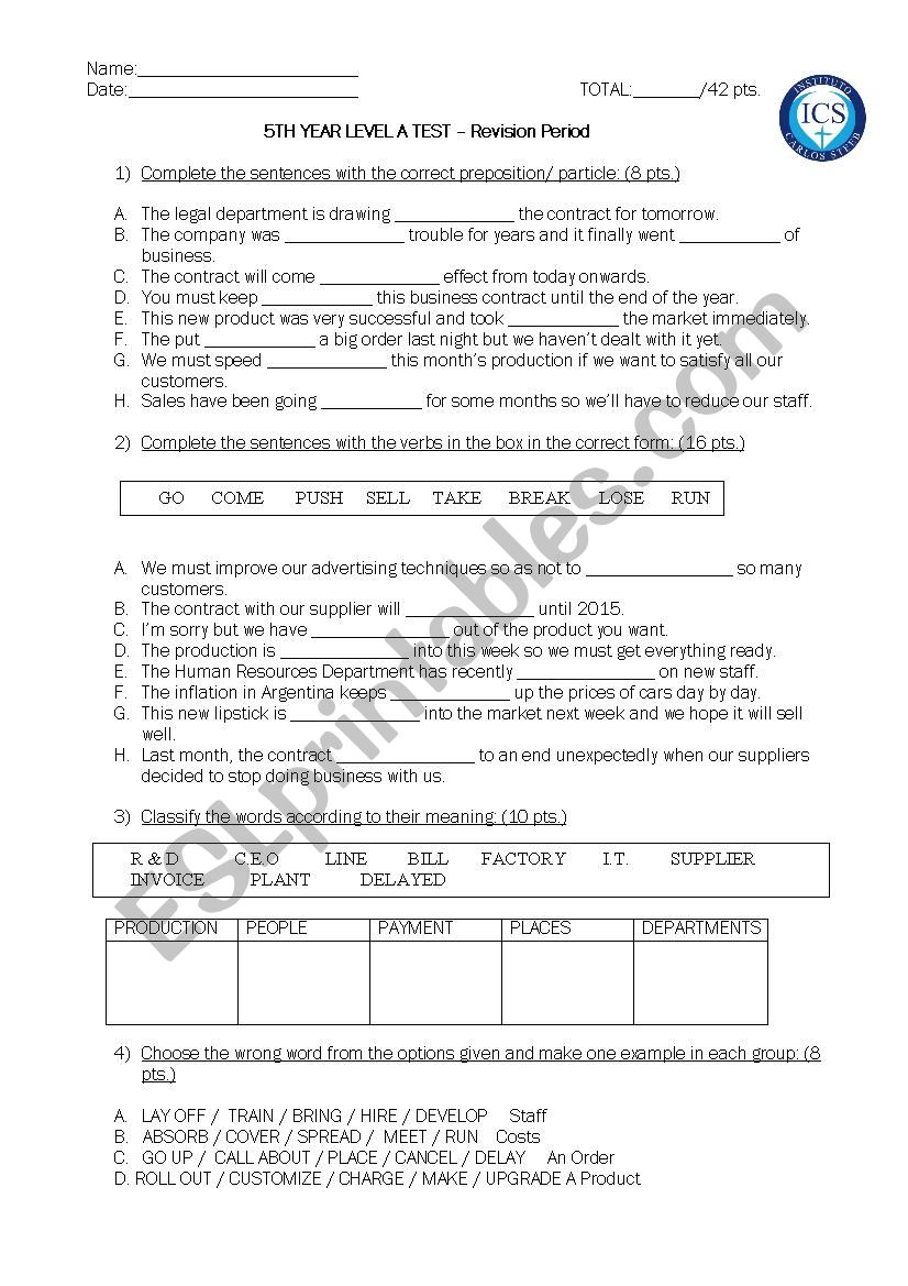 Business Vocabulary Test worksheet