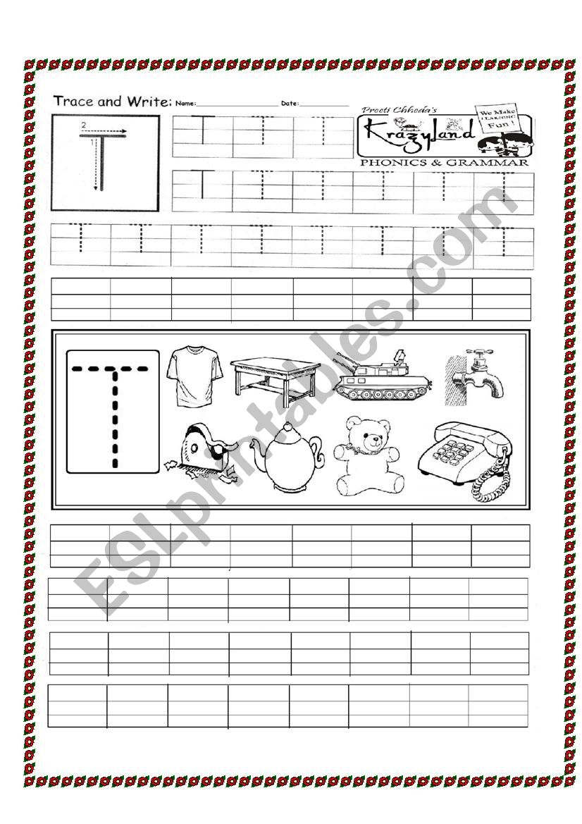 Learn and Trace letter T worksheet