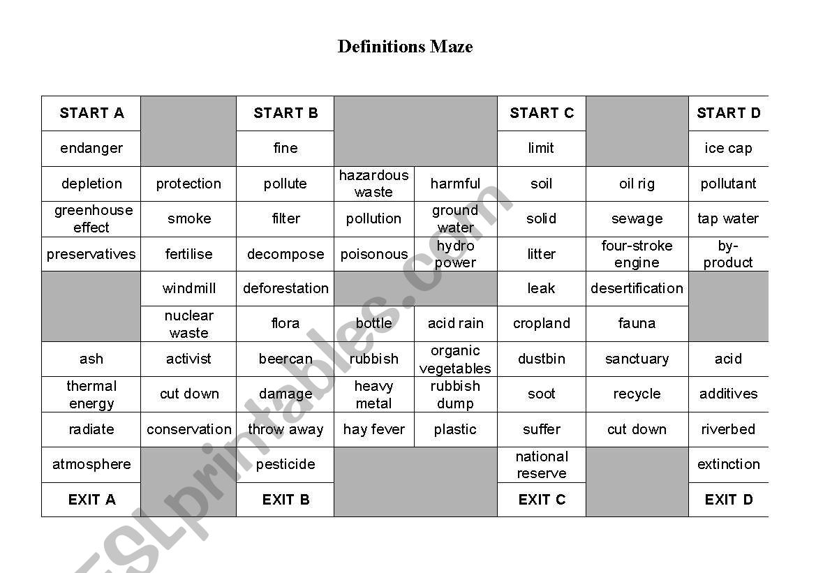 Environment definition maze worksheet