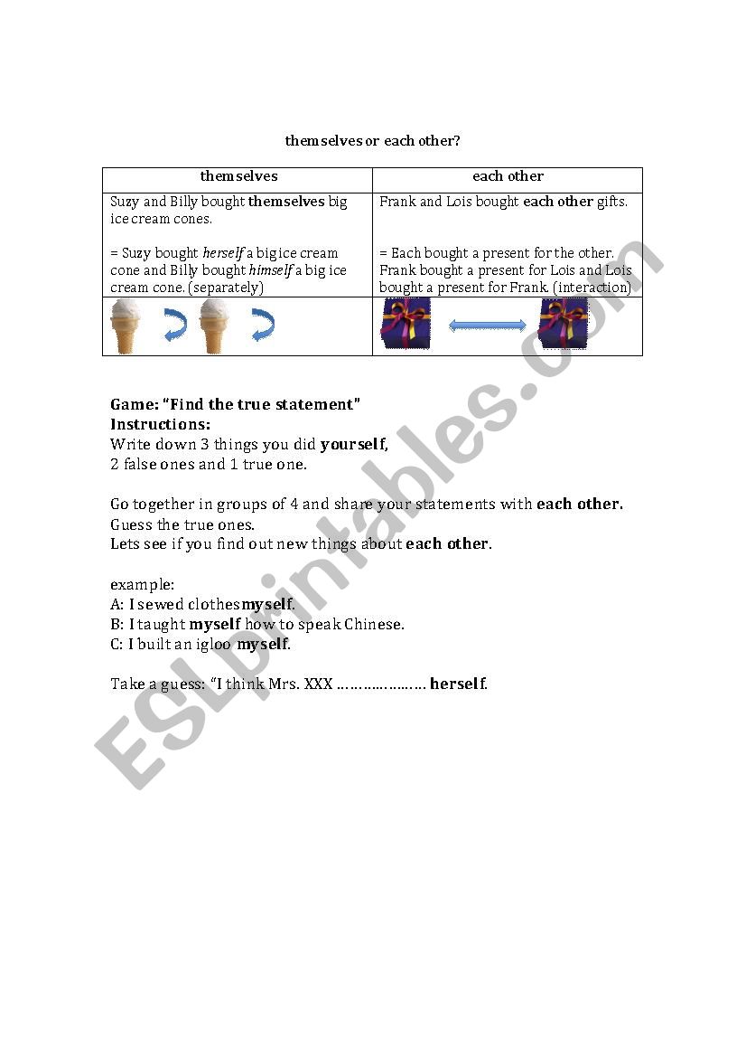 themselves vs. each other worksheet