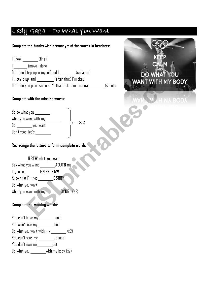 Do What You Want - Lady Gaga worksheet