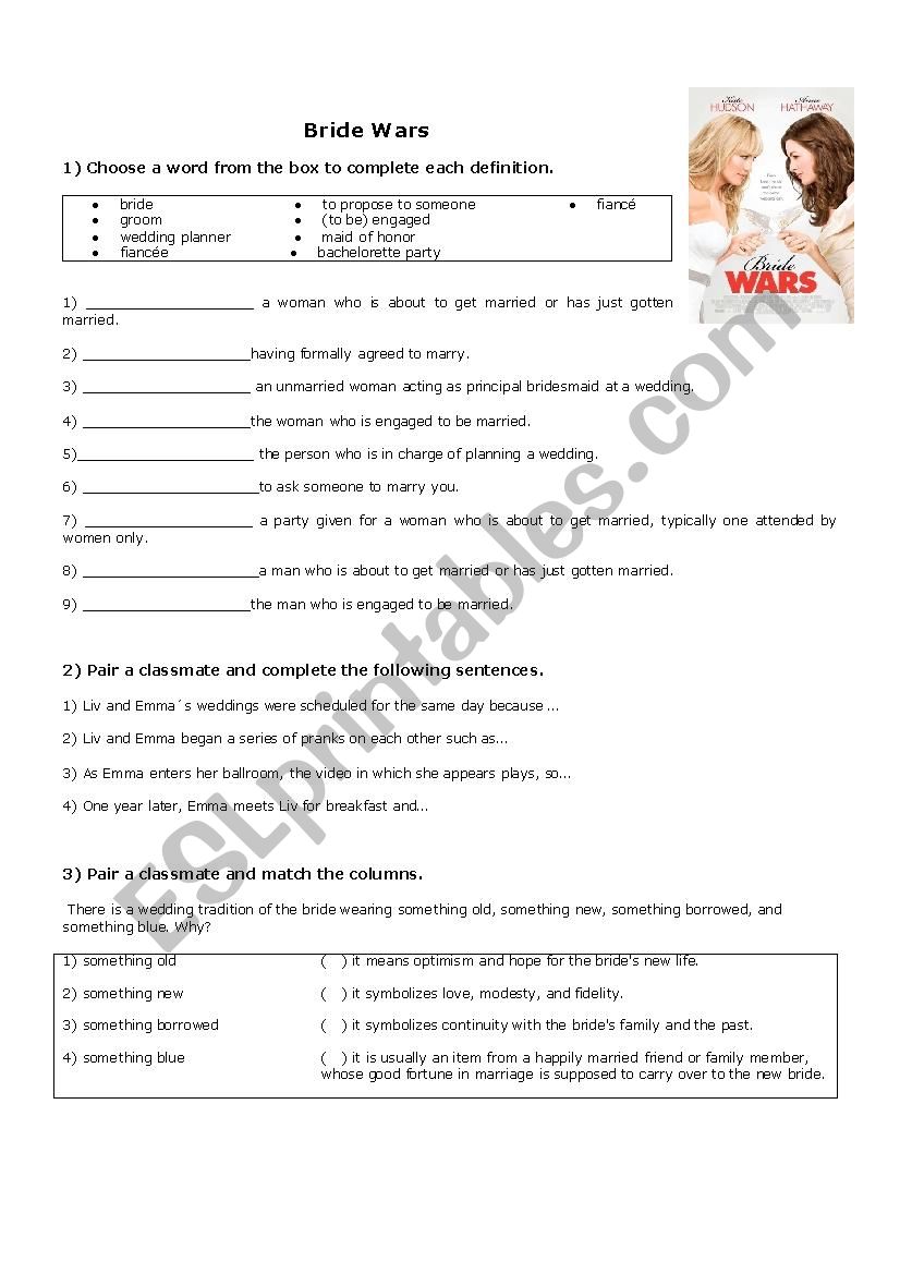 Bride Wars movie worksheet worksheet