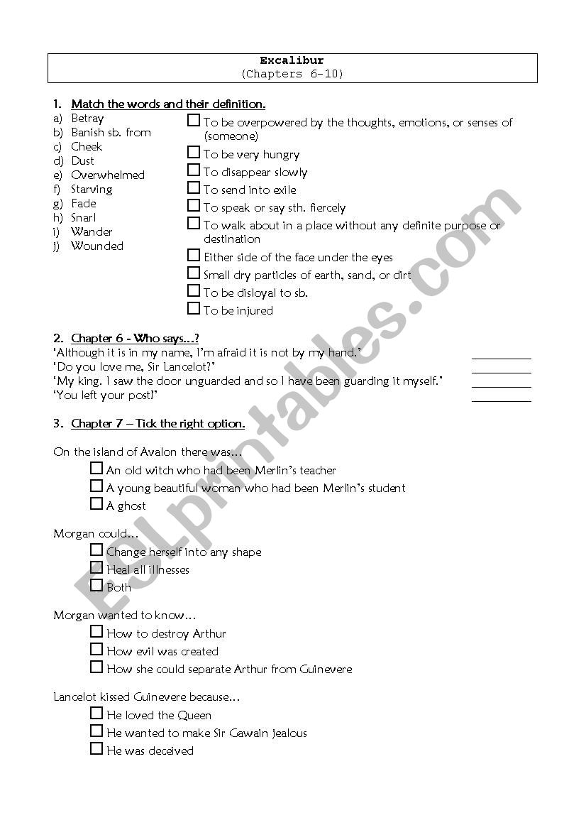 Excalibur - Chapters 6-10 worksheet