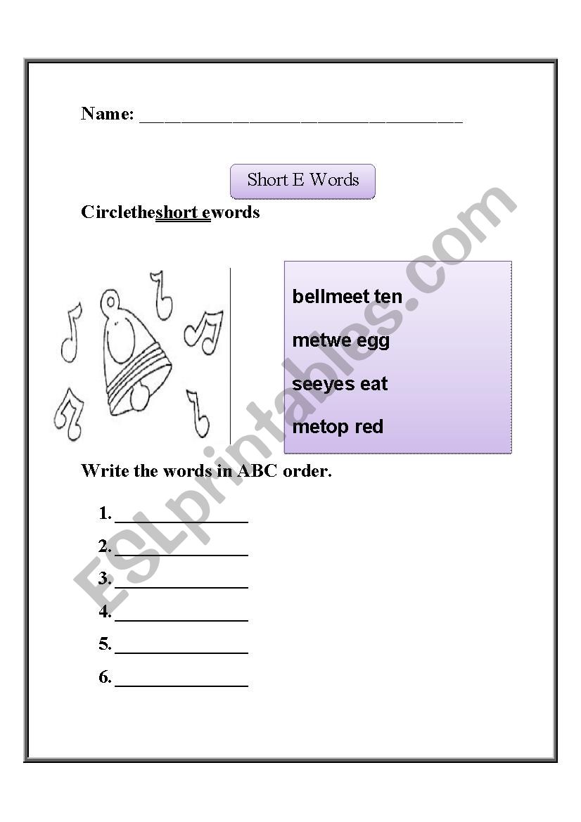 short e worksheet  worksheet