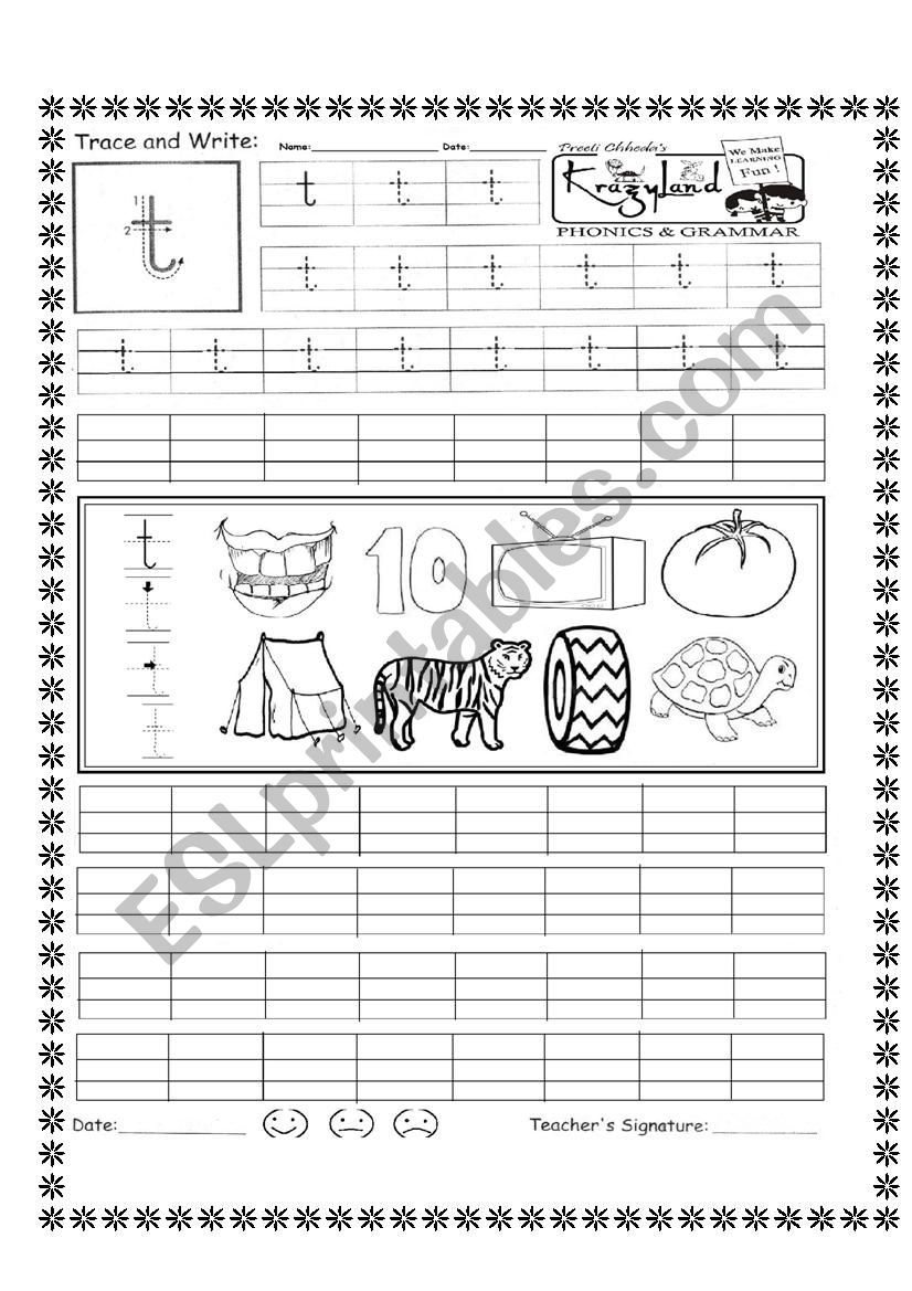 Trace letter t small worksheet