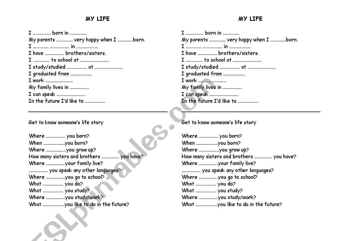 My life story worksheet
