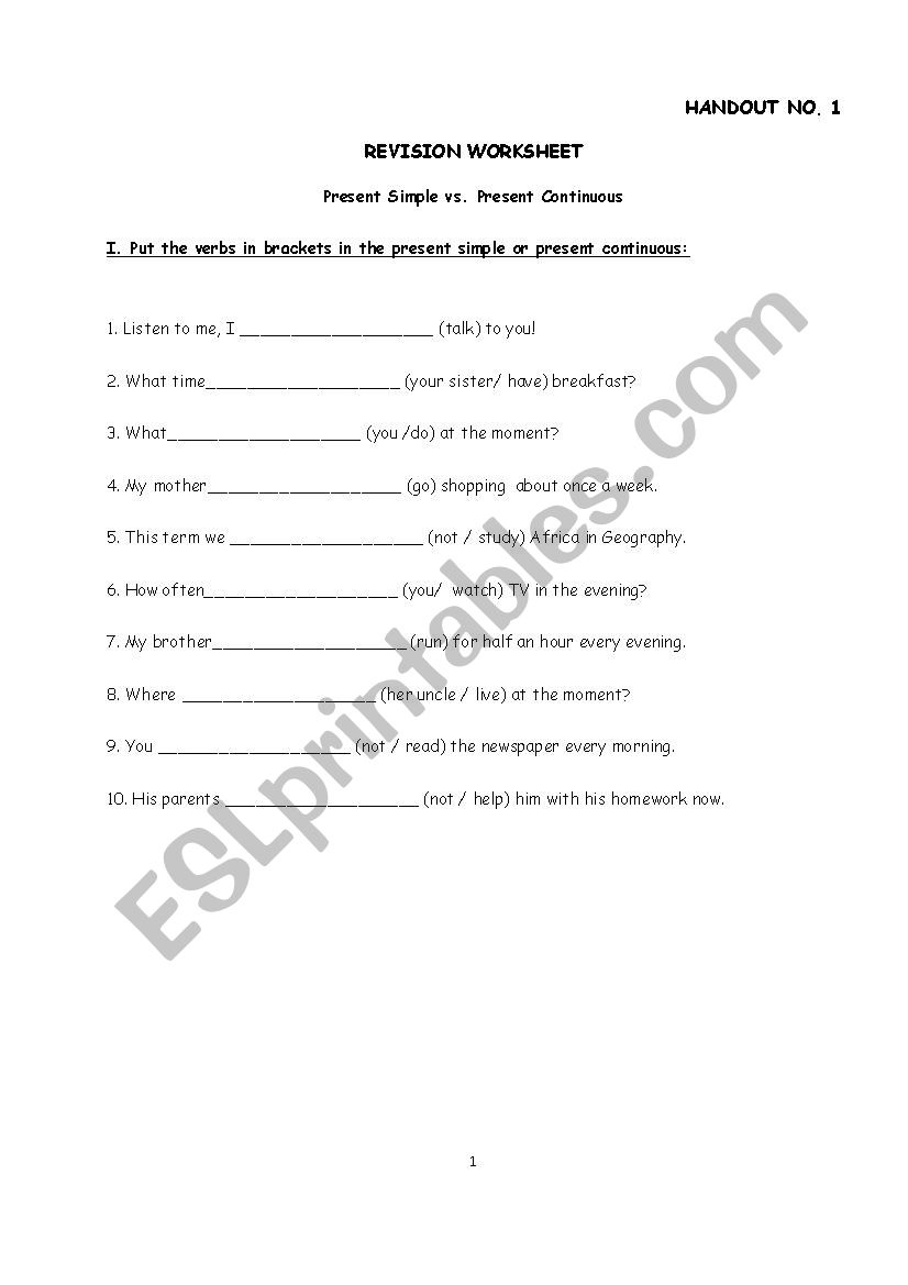 Revision worksheet - Present Simple vs. Present Continuous